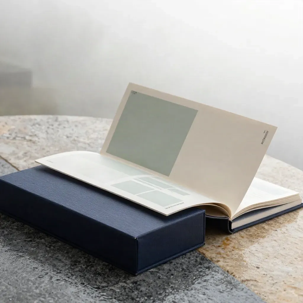 Monumental brand launch kit opened on travertine in misty morning light