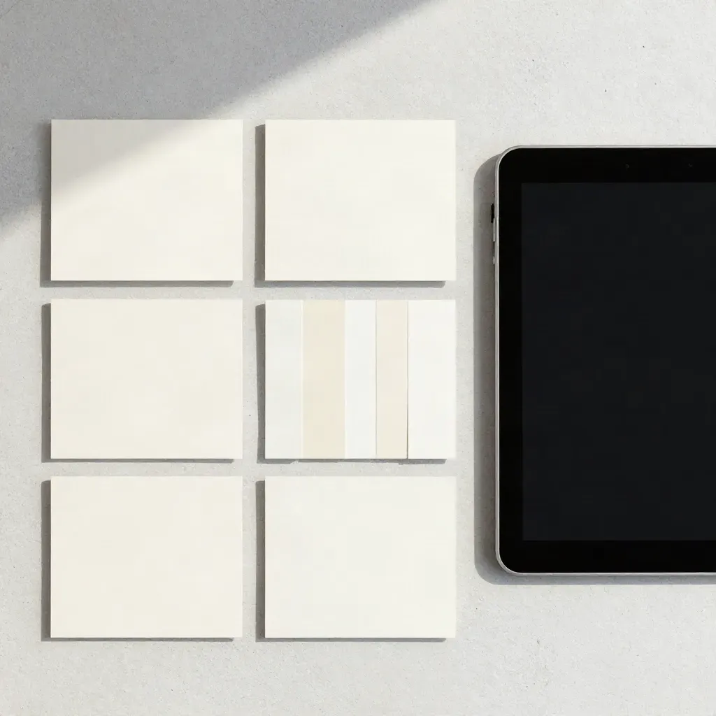 Overhead flatlay of website planning cards, slim tablet and paper swatches on pale concrete.