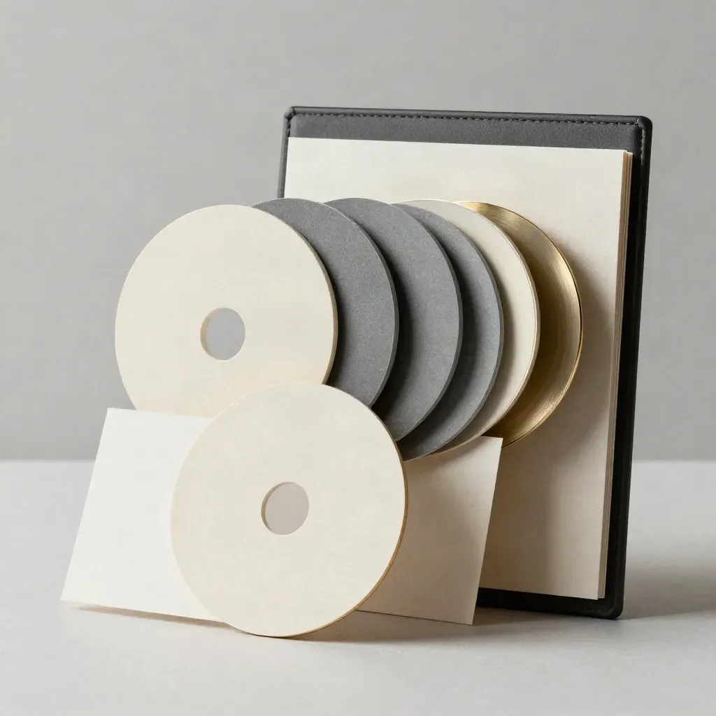 Floating branding prototype pieces with gold-rimmed proof discs in airy light