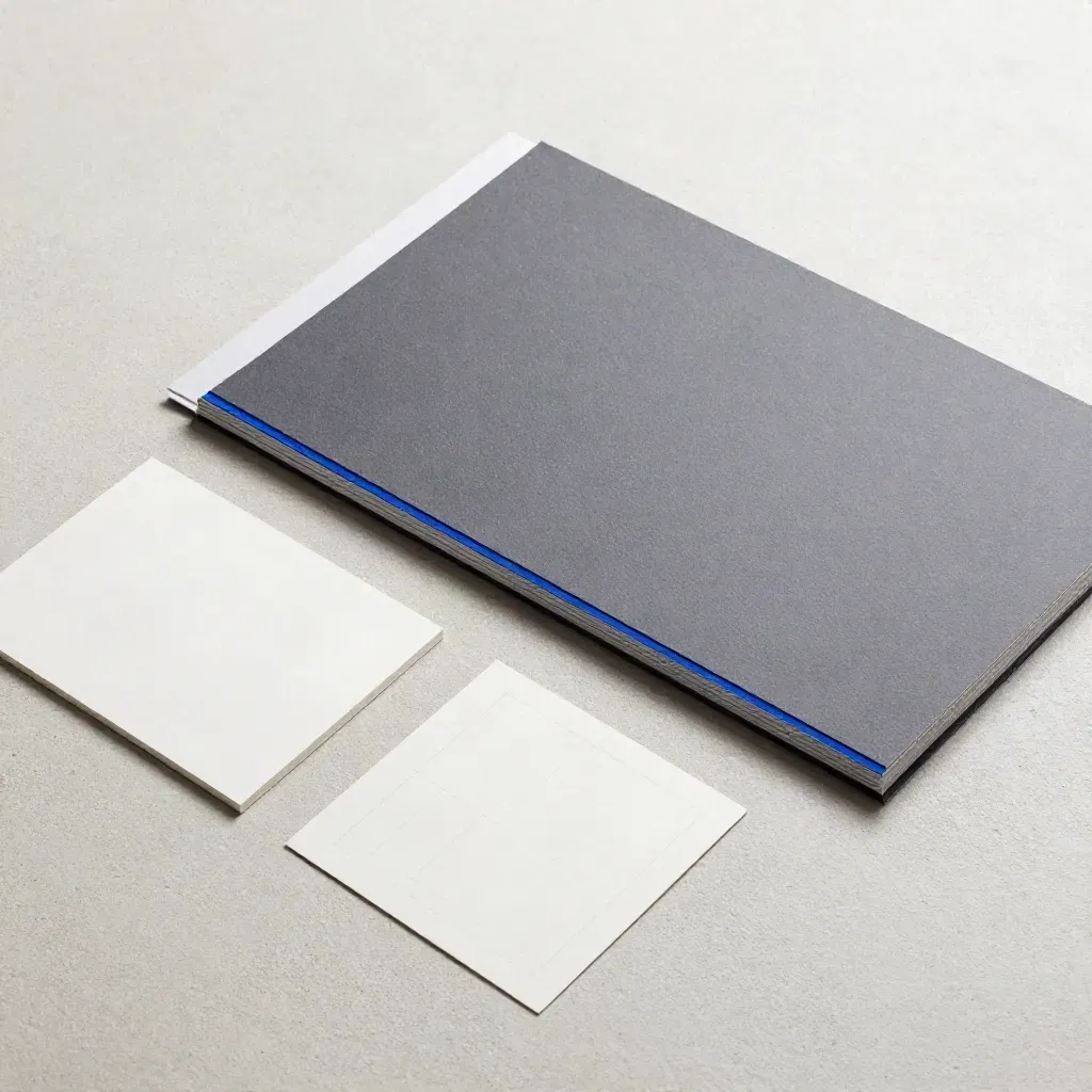 Overhead flatlay of ad starter boards, crop cards, and test sheets on pale concrete.
