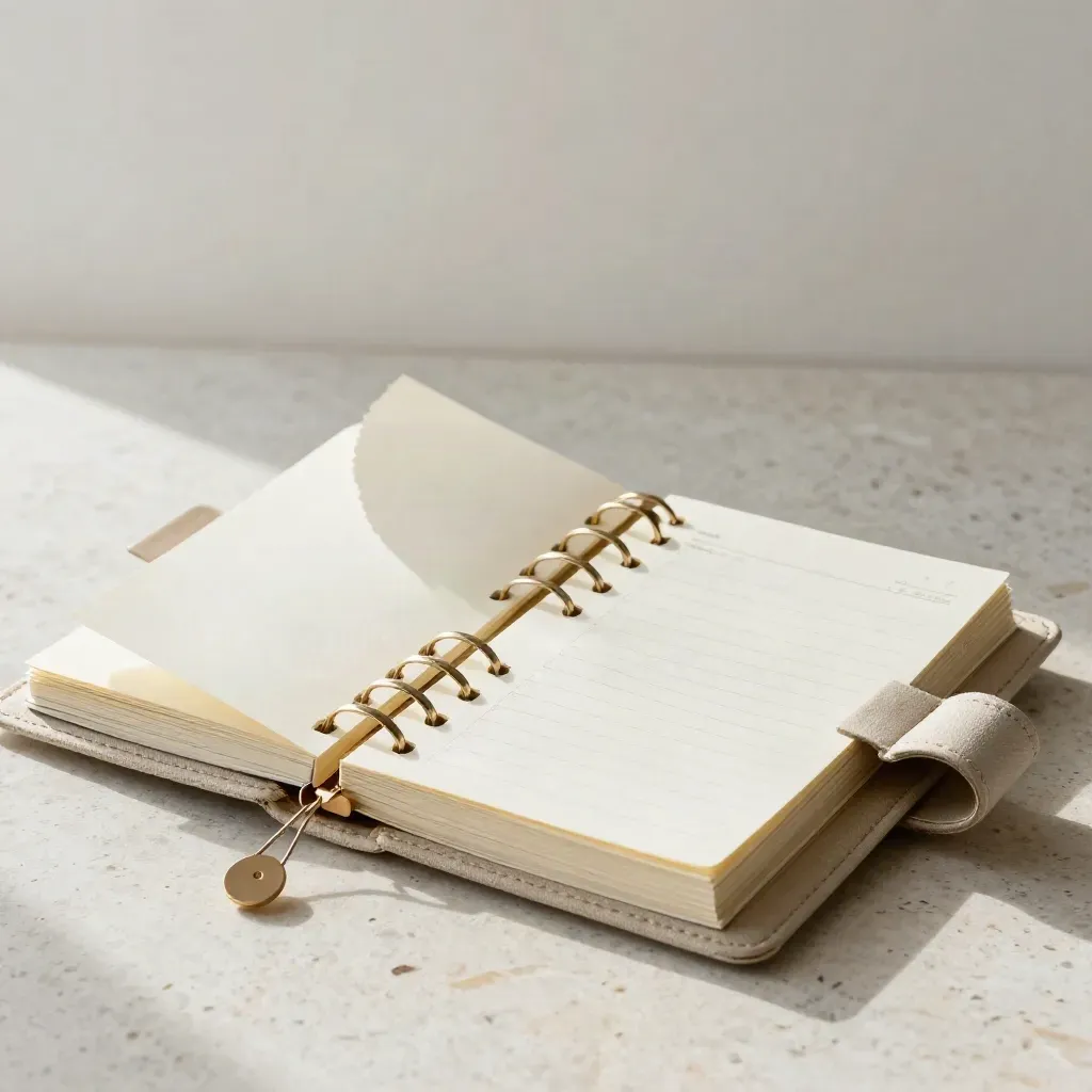 Planner kit with tab cards, ring binding, and calendar block on pale travertine.