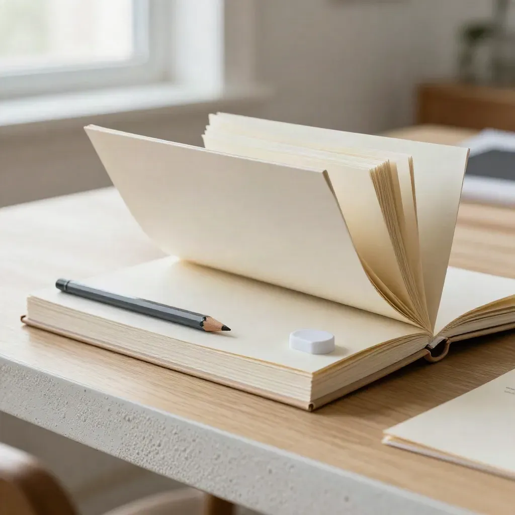 Copy workbook with proof sheets, pencil and paperweight on a pale oak tabletop.