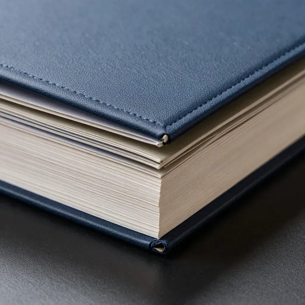 Macro of a navy pitch deck portfolio with tabbed boards cresting in dramatic studio light.