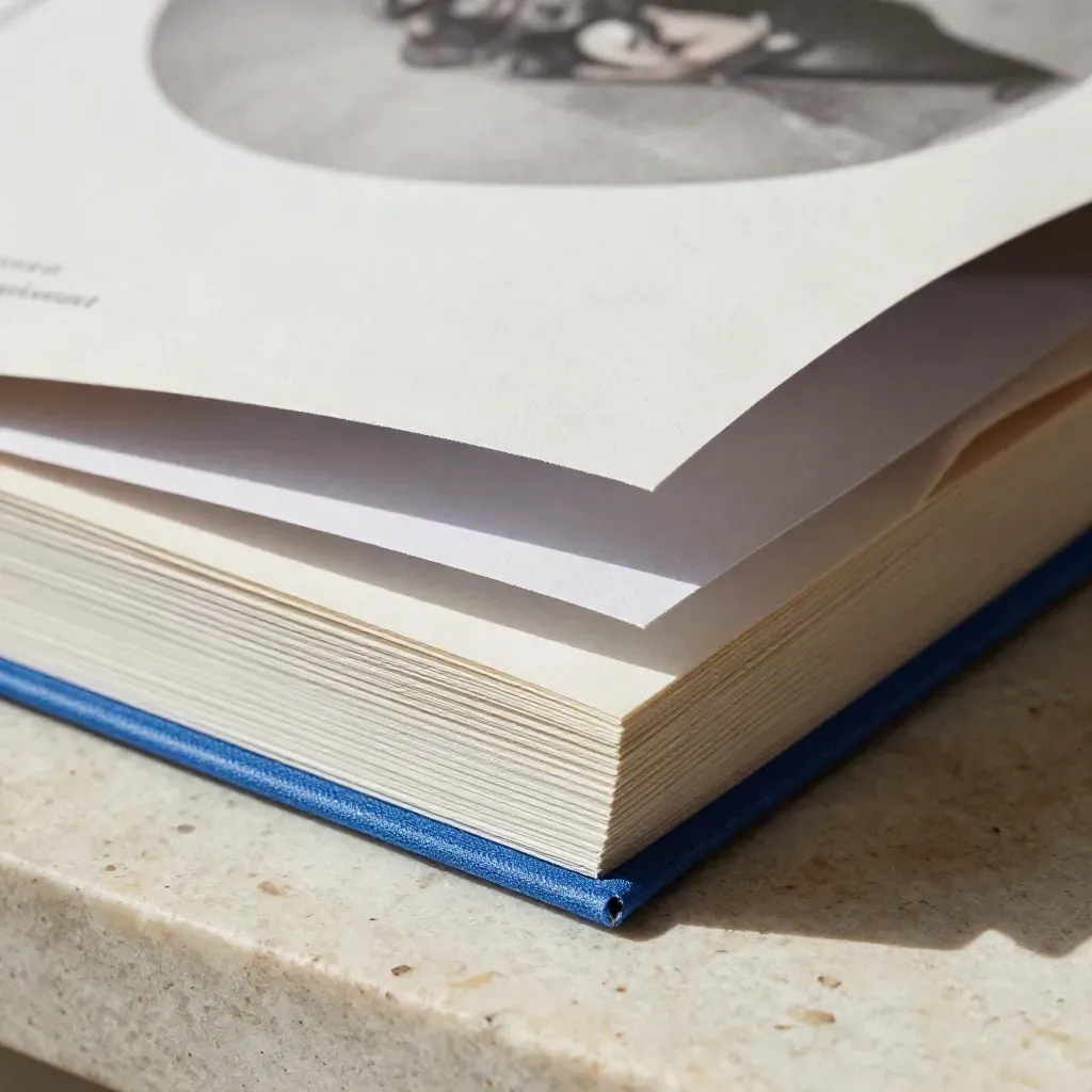 Half-open brand voice guide booklet with blue tabs on travertine, one tab lifting in light.