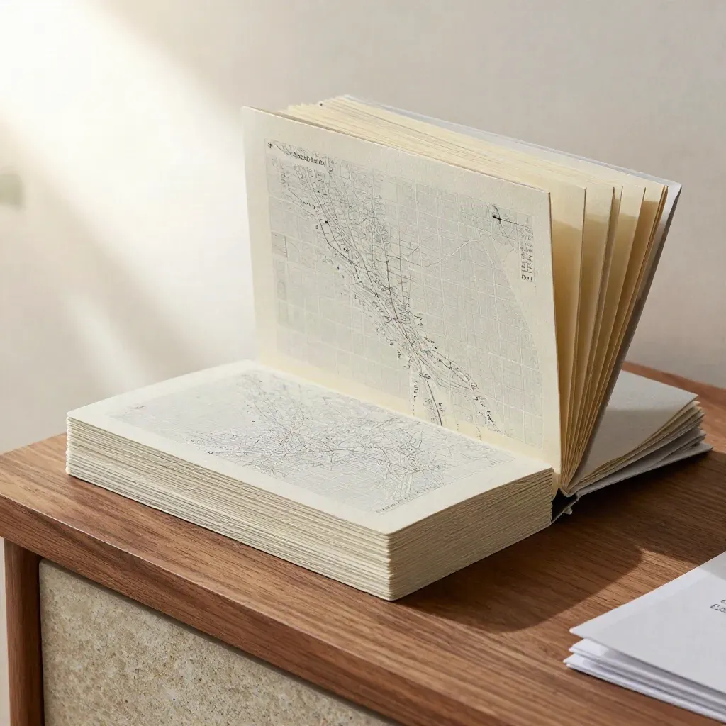 Stacked local SEO cards and a slim folder fanned on warm walnut, softly lit.