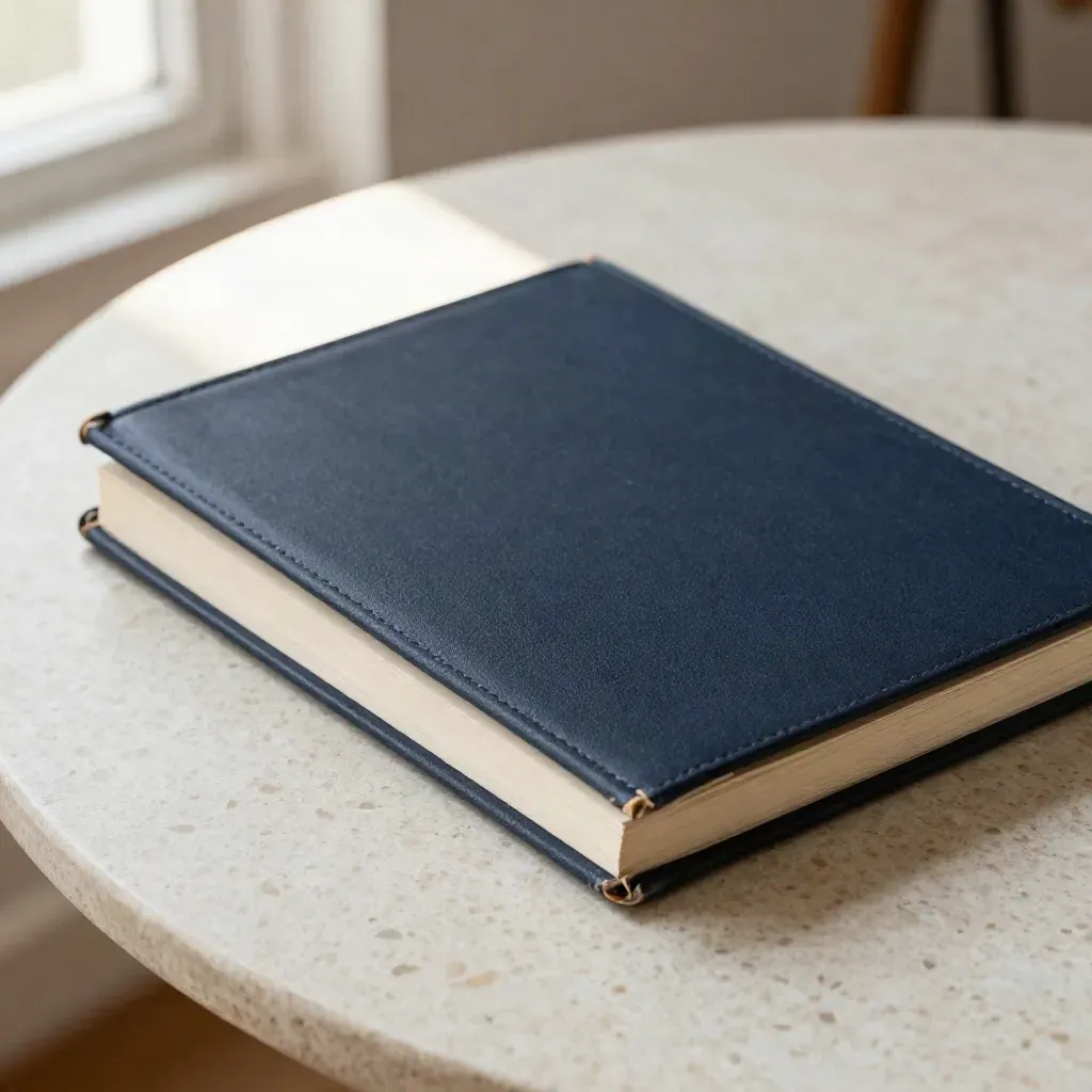 Midnight navy copy workbook slides across a pale travertine table in soft window light.