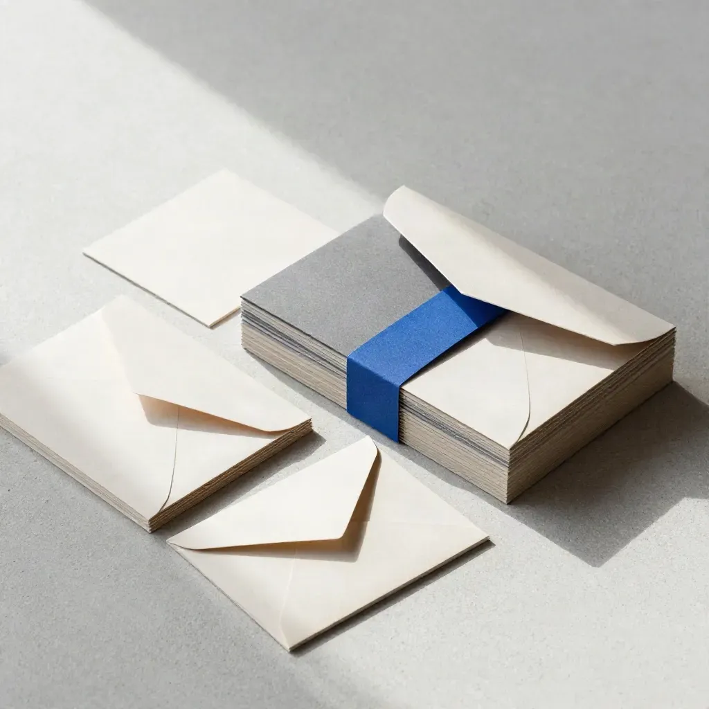 Overhead flatlay of modular email welcome cards with a blue accent band on pale concrete.