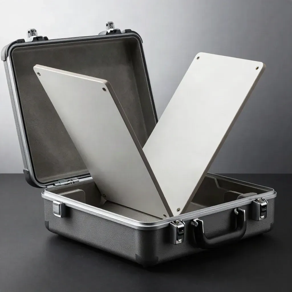 Open trade show kit case with V-shaped display panels on a dark surface.
