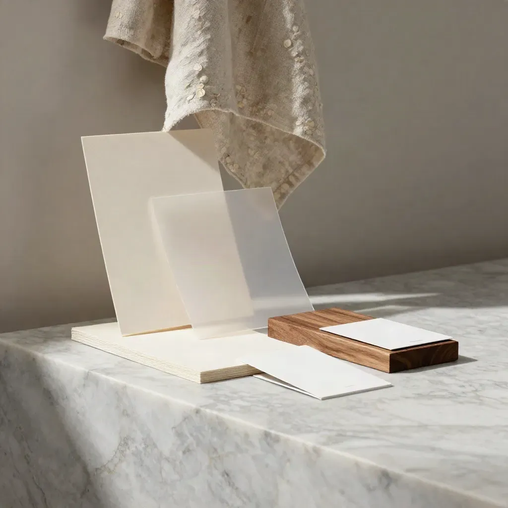 Sunlit marble plinth with linen fold and brand-strategy materials in soft neutral light