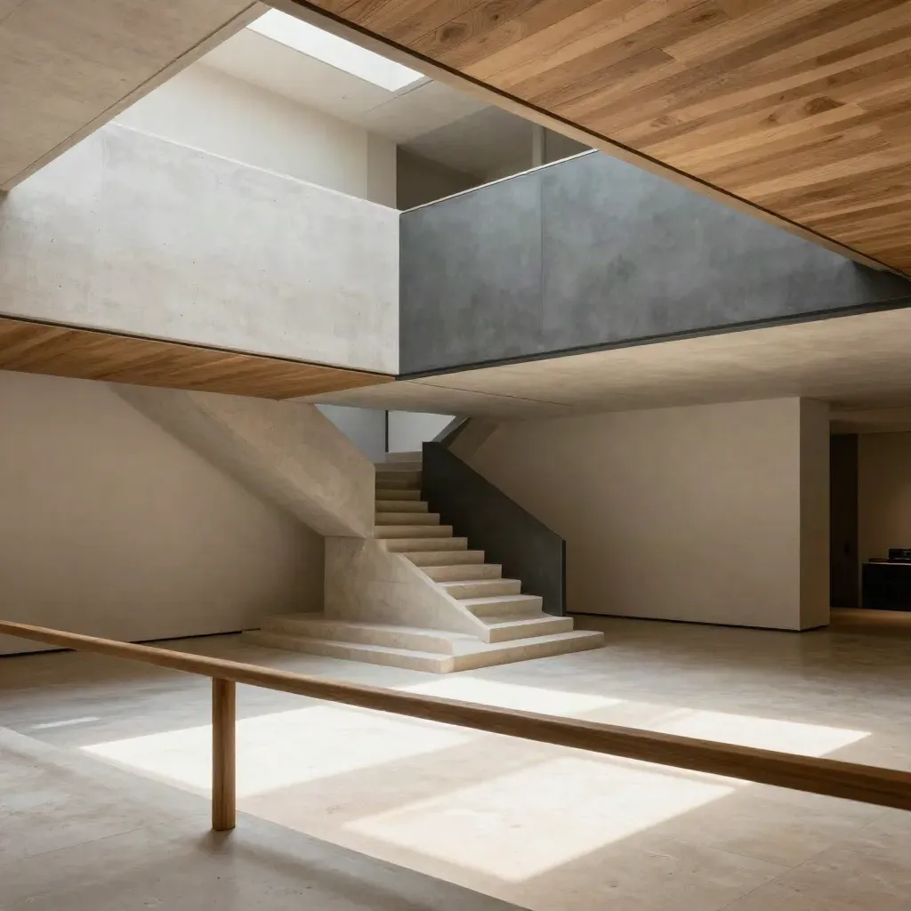 Sunlit modern atrium with oak slats, pale concrete, and calm stone floor for copy.